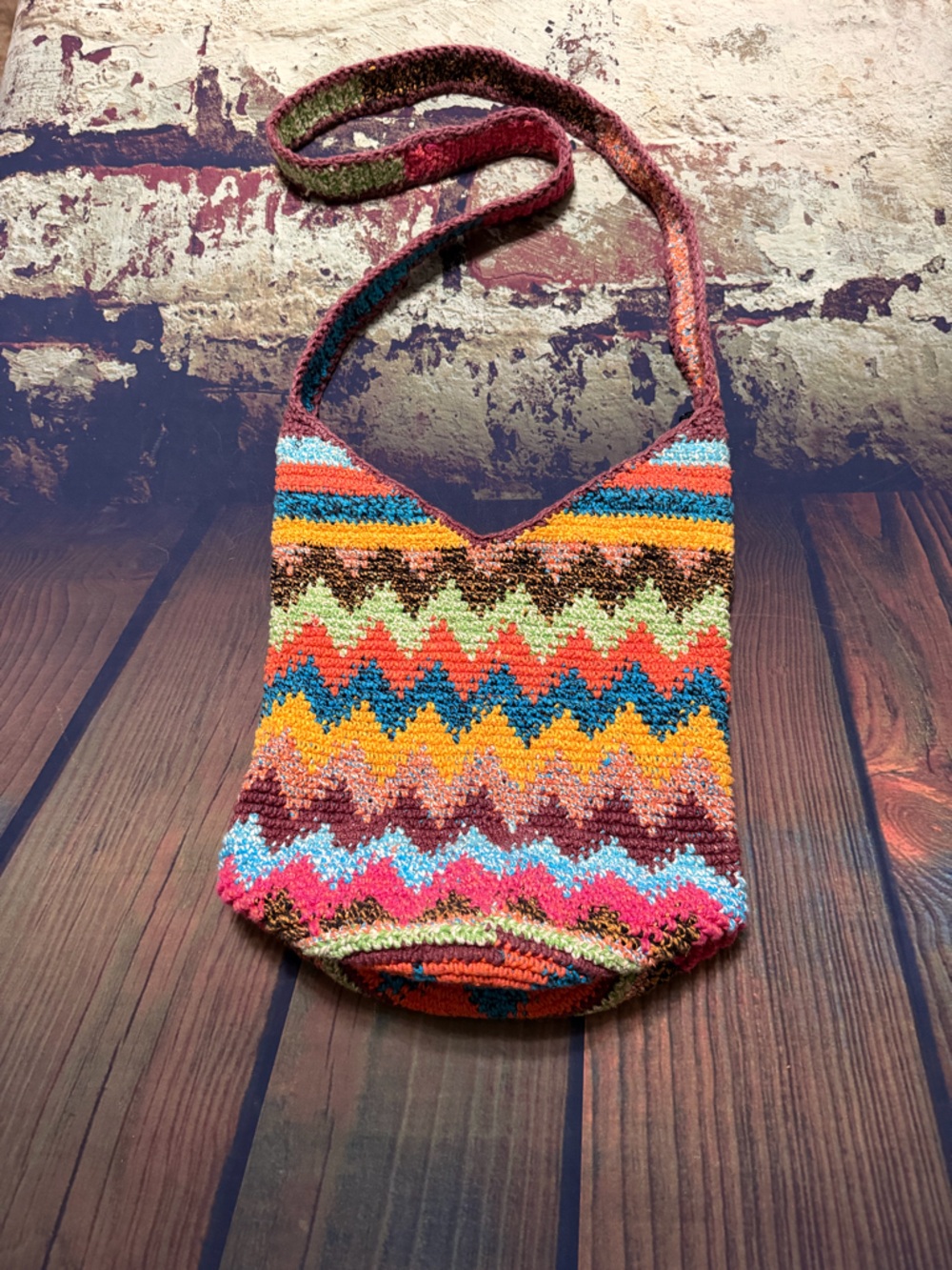 Hand-Knit Multicolor Zigzag Crochet Shoulder Bag